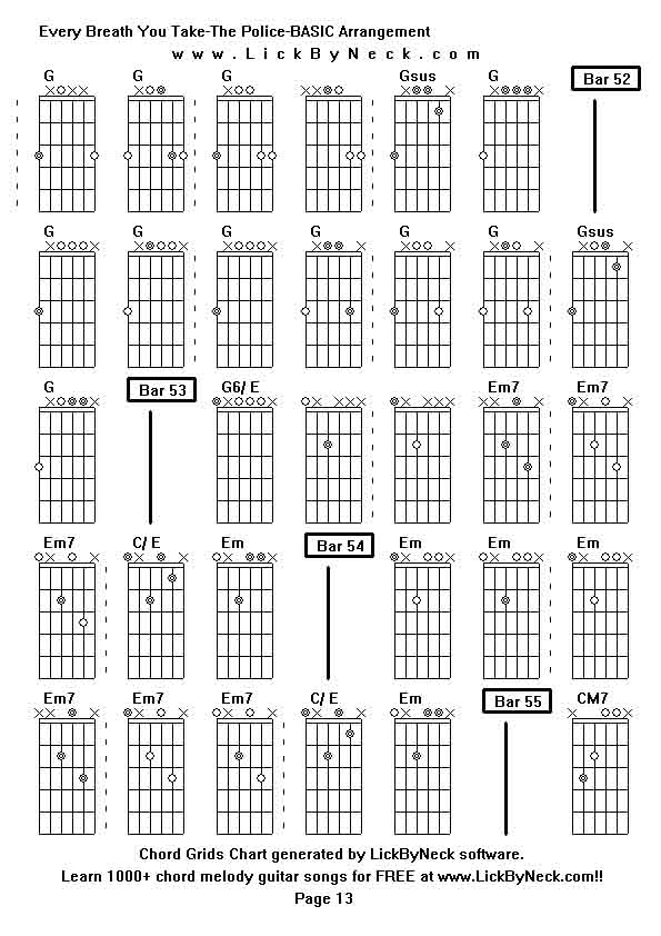 Chord Grids Chart of chord melody fingerstyle guitar song-Every Breath You Take-The Police-BASIC Arrangement,generated by LickByNeck software.